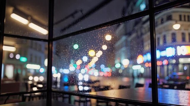 View from an empty coffee shop on a blurry city street at night. Raindrops on the window with colorful bokeh lights in the background