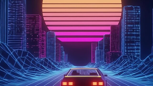 Retro Wave 3D Drive Through Neon Cityscape at Sunset
