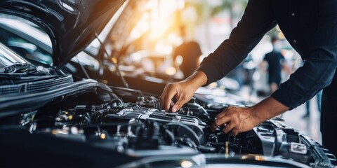 Mechanic checking vehicle engine in the auto repair shop