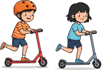 Children riding scooters outdoors, active kids in motion, summer playtime, helmet safety, fun activity, urban park scene, childhood adventure, playful moment © LITON