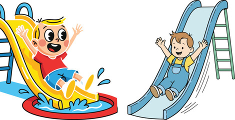 Children sliding on water and dry slides, outdoor fun vector for playground activity, summer recreation, happy kids, excitement, and childhood play