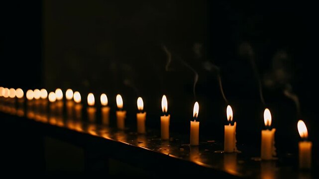 Row Of Burning Candles In Darkness Abstract Background Realistic Video