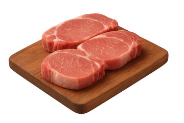 Three fresh raw pork chops presenting uncooked meat on a wooden cutting board, providing a healthy protein for meal preparation