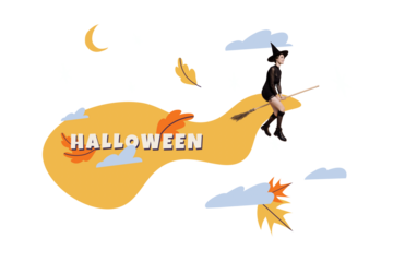 Composite photo collage of smile witch girl fly broom late night sky moon clouds stars halloween holiday isolated on painted background