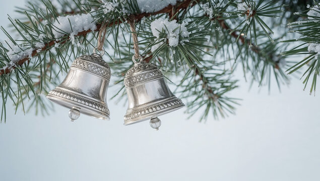 Silver Bells on Snowy Pine Bough - Powered by Adobe