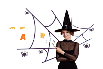 Composite photo collage of happy witch girl point spiderweb insect halloween horror witchcraft holiday isolated on painted background