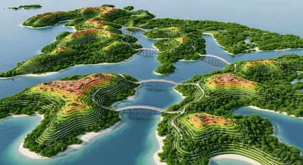 Visionary island network render lush green terraced islands connected by sleek bridges over blue waters, showcasing advanced sustainable architecture and futuristic landscape