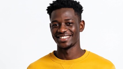 Smiling man in yellow holds phone