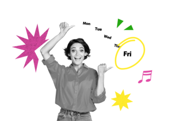 Composite trend artwork sketch collage of copyspace monochrome young lady thumb gesture like excited emoji week schedule friday weekend