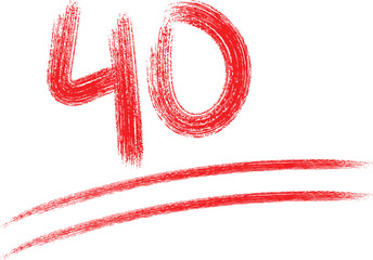 Red hand drawn number forty with two red lines underneath on a white background
