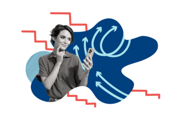 Collage picture young pretty girl smartphone user blogger social media browsing think decide hmm guess user modern technologies gadget