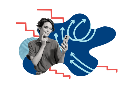 Collage picture young pretty girl smartphone user blogger social media browsing think decide hmm guess user modern technologies gadget