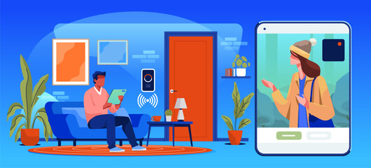 Smart home security video doorbell system man using digital tablet to view visitor modern living room technology interior blue background website banner