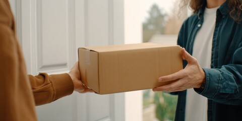 Minimalistic delivery moment with hands exchanging parcel for shipping and courier services
