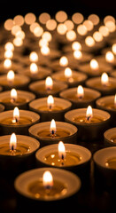 Flickering candle flames illuminate a serene atmosphere, showcasing a tranquil scene of devotion and reflection, camera slowly zooms in on the glowing lights