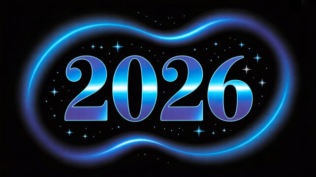 Futuristic 2026 blue metallic numbers, deep space background, digital illustration