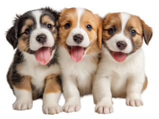 Three puppies isolated, group of puppies, little pet puppy, young puppy close-up, happy smiling pet dog, adorable puppy portrait, isolated on a transparent background, professional pet photography