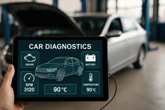 Car diagnostics screen display with automotive automobile in repair garage
