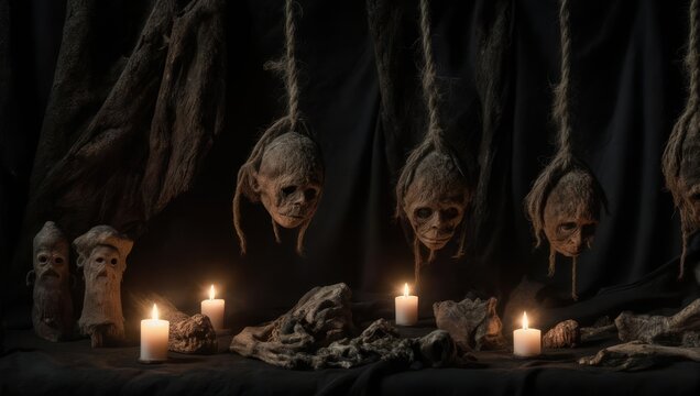 Eerie Voodoo Altar with Skulls and Candles in Dim Light.