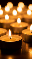 Flickering candle flames illuminate a serene atmosphere, showcasing a tranquil scene of devotion and reflection, camera slowly zooms in on the glowing lights
