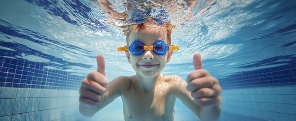 Naklejka premium The boy underwater giving double thumbs up while smiling with blue swimming goggles