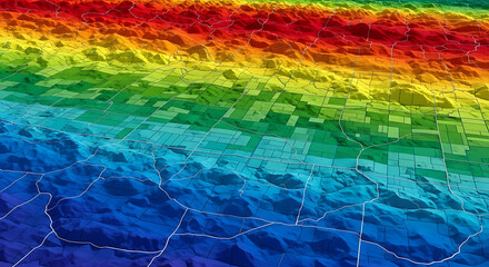 Vibrant topographic map displaying a rainbow spectrum of colors representing elevation across a detailed landscape