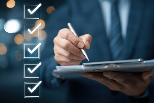 Digital to-do list. Double exposure. Businessman's hands holding a folder and a ballpoint pen.