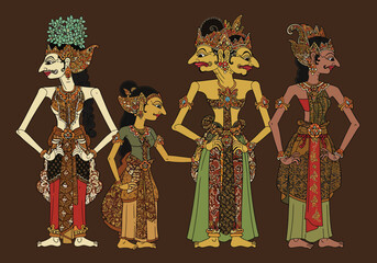 Wayang Kulit Puppets: Traditional Javanese Shadow Play Characters.