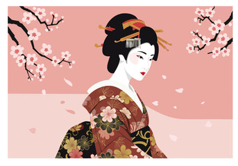 Elegant Geisha in Floral Kimono with Cherry Blossoms.