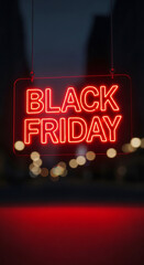 Vibrant neon sign displaying Black Friday sale, glowing brightly against blurred urban street scene, creating an energetic holiday shopping and special discounts