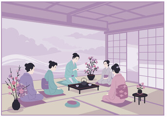 Traditional Japanese Tea Ceremony with Women in Kimonos.