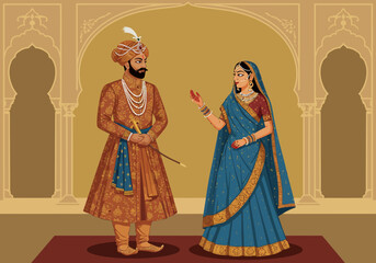 Mughal Emperor and Empress in Traditional Attire Illustration.