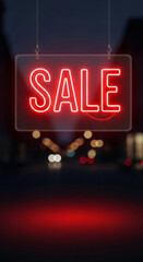 Neon sale sign glowing brightly in urban setting, attracting attention with vibrant red color, symbolizing excitement and urgency during Black Friday shopping season