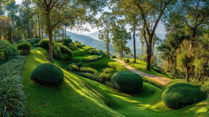Scenic landscape of green hills and trees bathed in sunlight