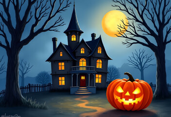 Spooky Haunted House on Halloween Night with Jack-o'-Lantern and Full Moon