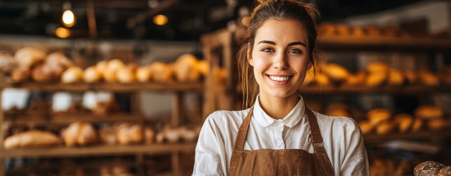 The baker behind the counter at a rustic artisan bakery smiling warmly for customers - Powered by Adobe