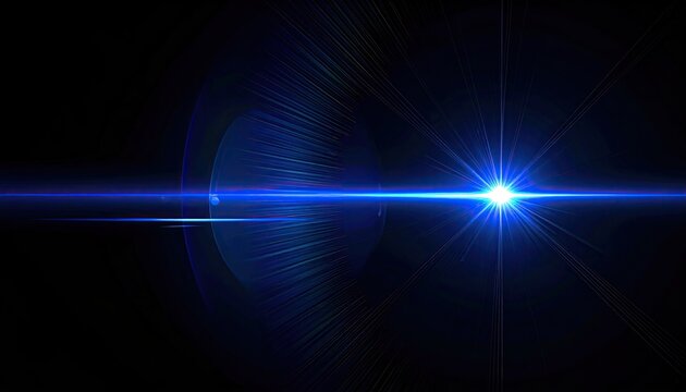 Abstract Blue Light Flare Streaks Across A Dark Background With A Bright Central Light Source Creating A Sci Fi Or Futuristic Effect