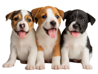 Three puppies isolated, group of puppies, little pet puppy, young puppy close-up, happy smiling pet dog, adorable puppy portrait, isolated on a transparent background, professional pet photography