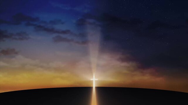Radiant cross shining brightly in the night sky symbolizing faith hope and spiritual guidance for believers and religious themes of salvation