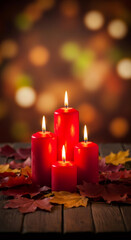 Flickering red candles are surrounded by vibrant autumn leaves on a rustic wooden table, creating a cozy ambiance, camera gradually zooms in to capture the warmth