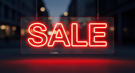Neon sale sign glowing brightly in urban setting, attracting attention with vibrant red color, symbolizing excitement and urgency during Black Friday shopping season