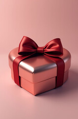 Obraz premium A heart-shaped box wrapped in shiny foil and tied with a bright satin bow.