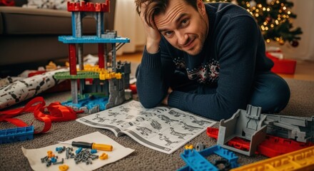 Fototapeta premium Man assembling toy castle on floor in living room during Christmas holiday celebration
