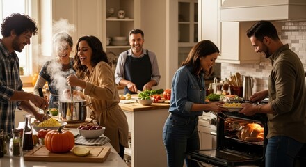 Happy friends preparing holiday meal in modern kitchen, roasting turkey and cooking vegetables for gathering