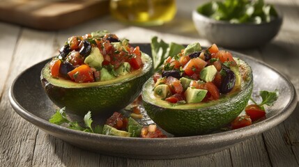 Fresh avocado halves filled with colorful salad mixture on a rustic plate