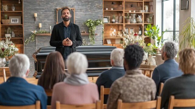 Speaking to a row of men and women at a funeral service next to a closed coffin in a contemporary room, a white guy stands