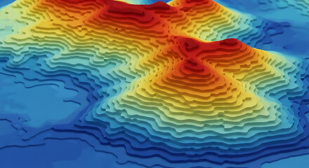 Abstract 3D topographic map with colorful layered contour lines representing elevation. A digital terrain model for geographic data visualization