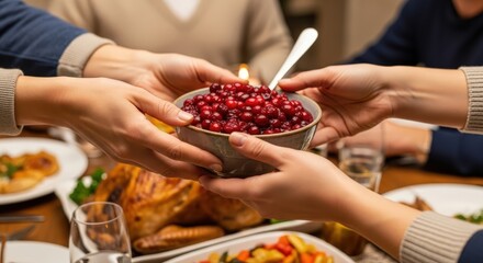 Hands passing cranberry sauce bowl at holiday dinner table with turkey indoors for festive meal celebration