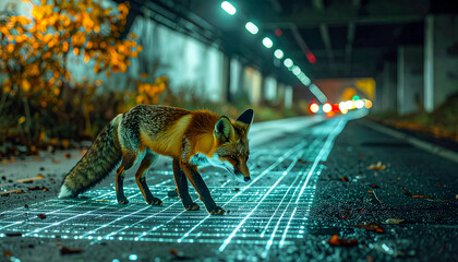 Fox walks on glowing grid in urban tunnel at night