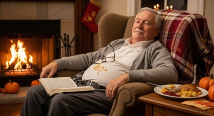 Senior man napping in comfortable armchair by warm fireplace after big holiday meal at home in evening